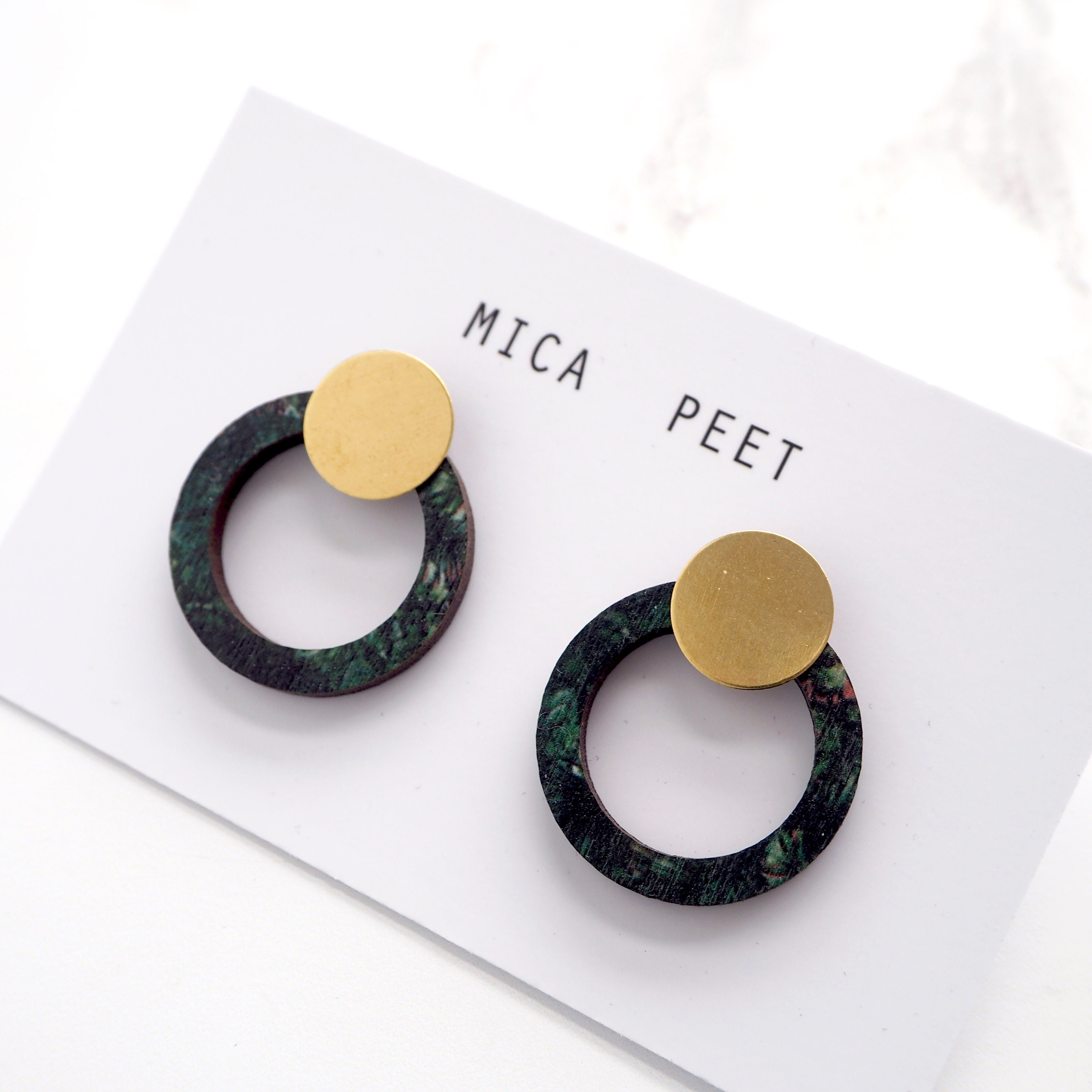 Green Ring Stud Earrings - Circle Studs Geometric Hoop Brass Minimal