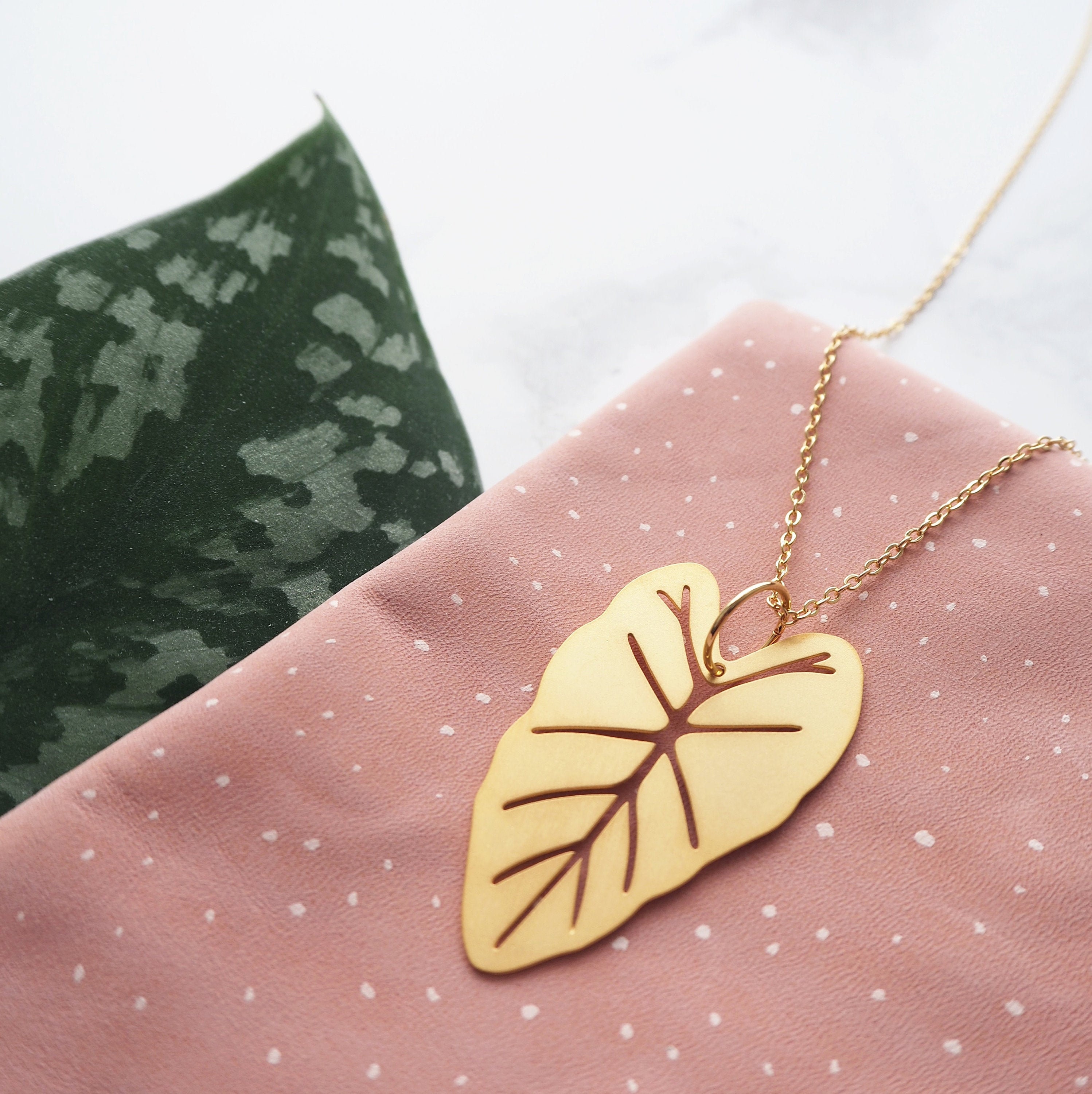 Gold Alocasia Necklace - Leaf Plant Pendant Botanical Jewellery