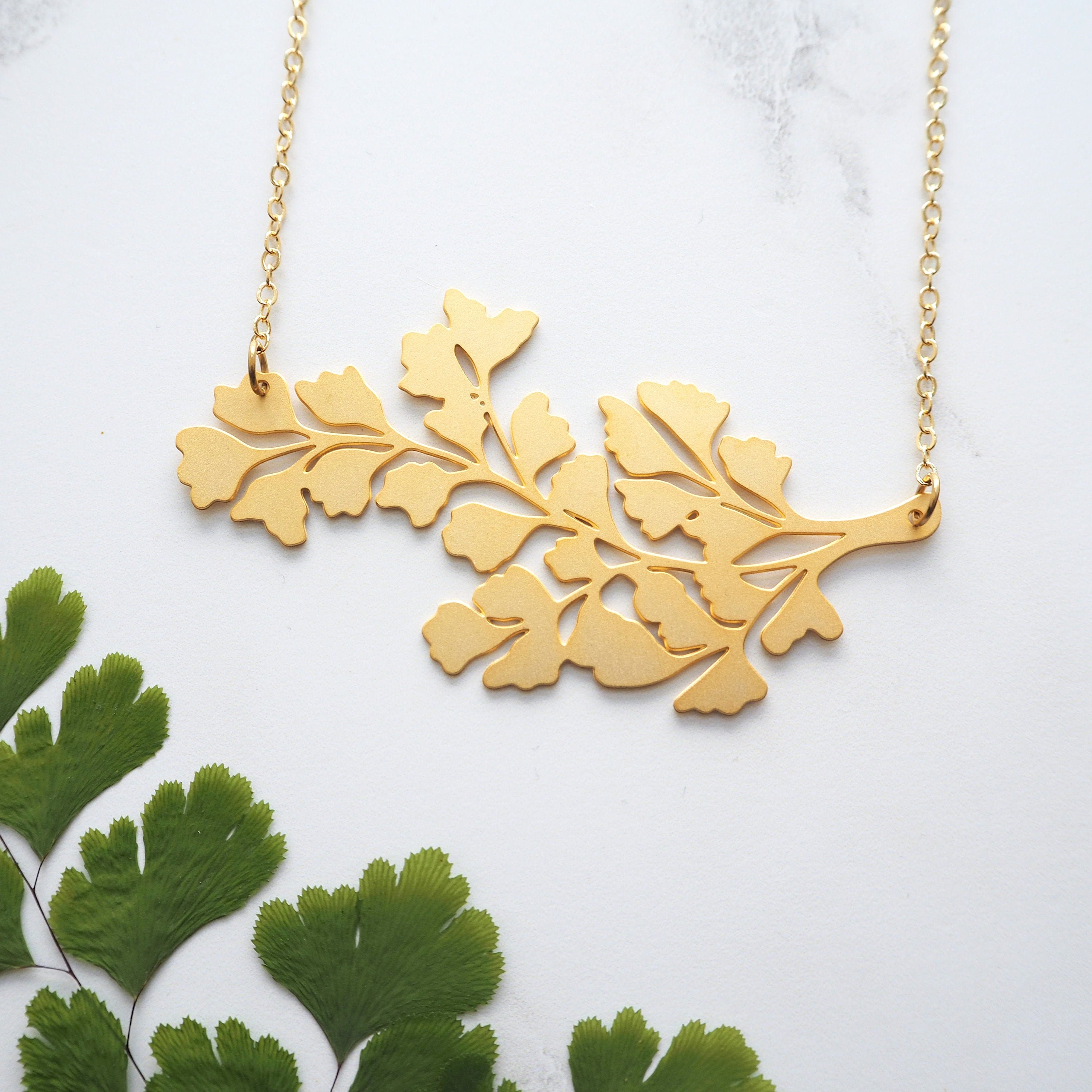 Maidenhair Fern Statement Necklace - Gold Leaf Pendant Jewellery Plant Gift For Her