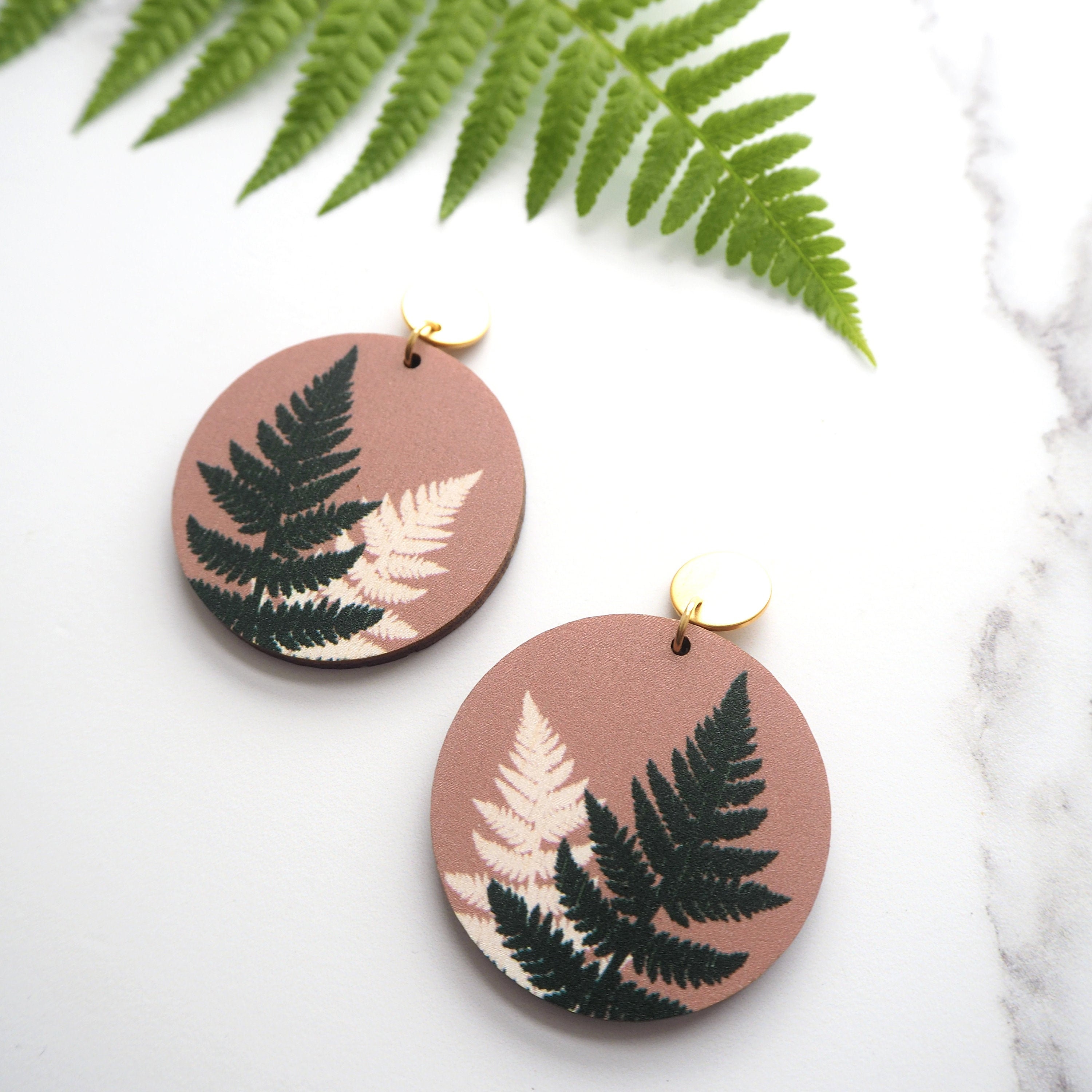 Pink Fern Drop Earrings - Botanical Leaf Studs Plant Jewellery Gift For Her