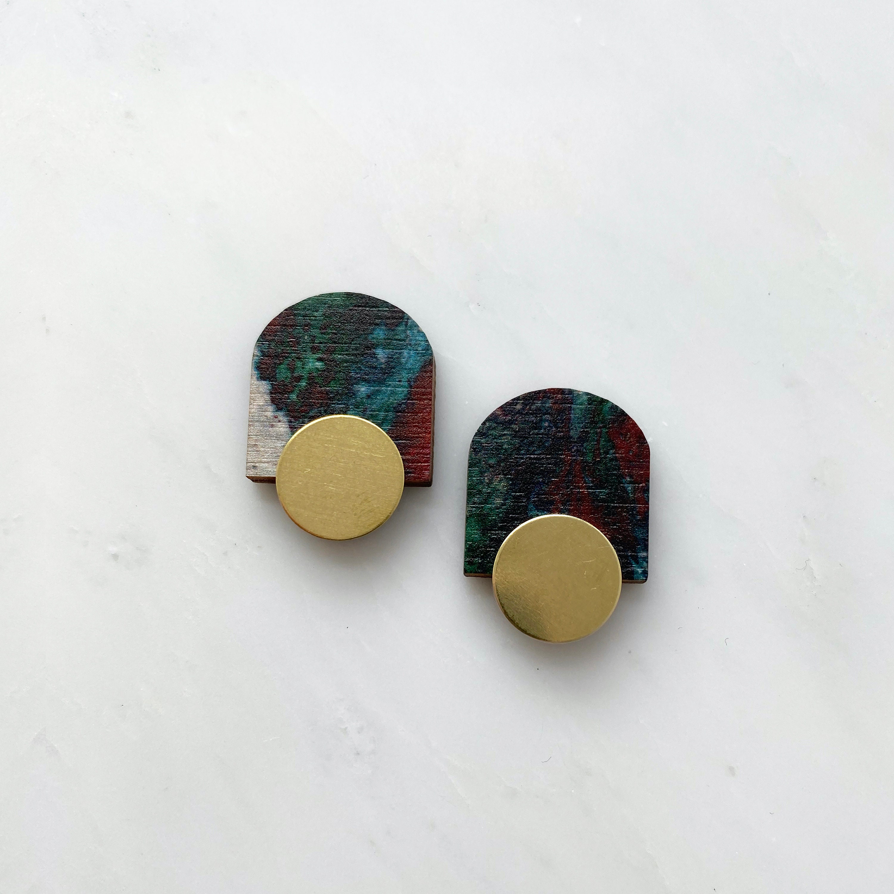 Geometric Arch Studs - Marble Earrings Watercolour Jewellery Gift For Her Minimal Red & Green