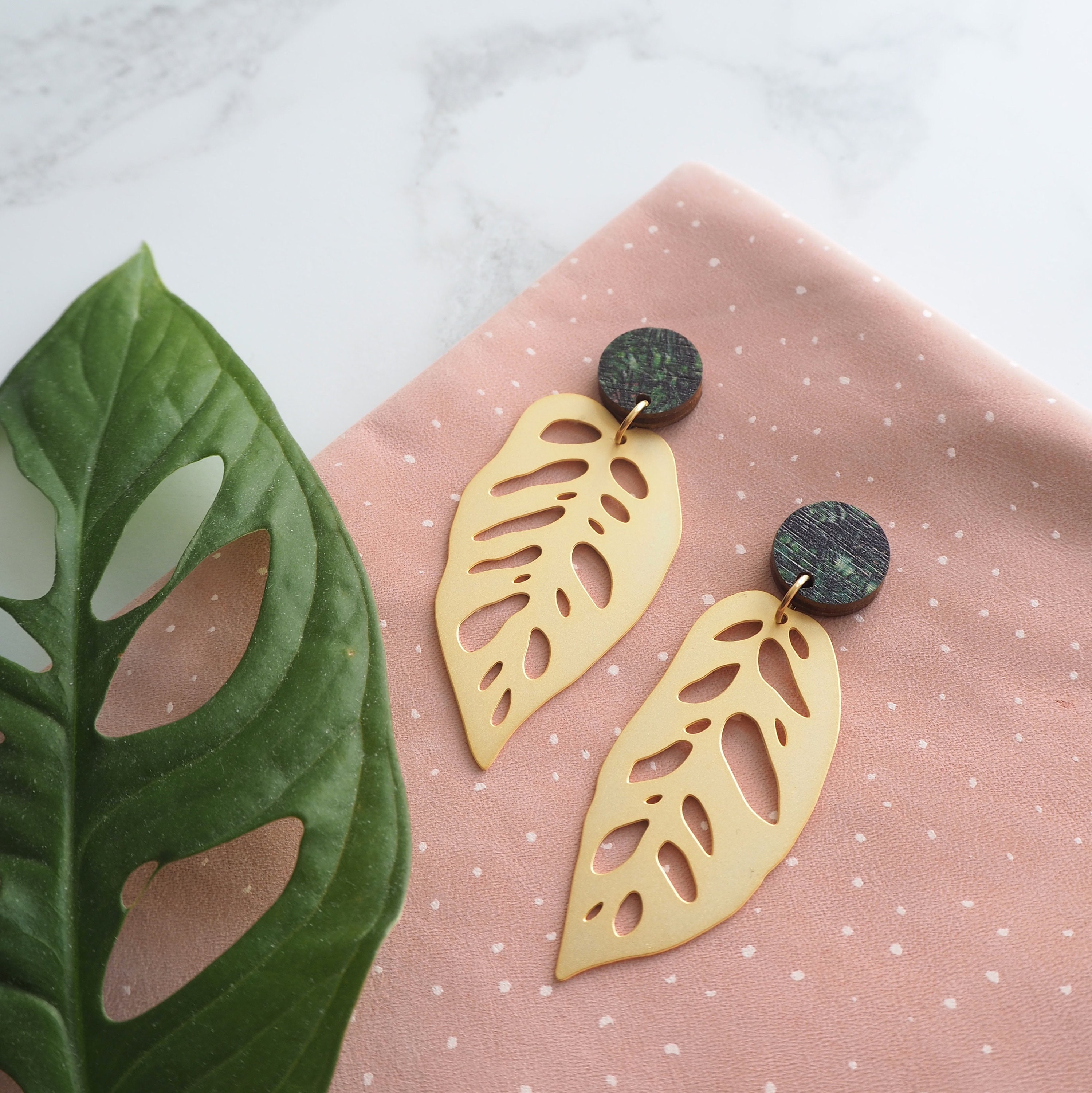 Gold Monstera Drop Earrings - Leaf Dangle Studs Jewellery Cheese Plant Obliqua Adansonii