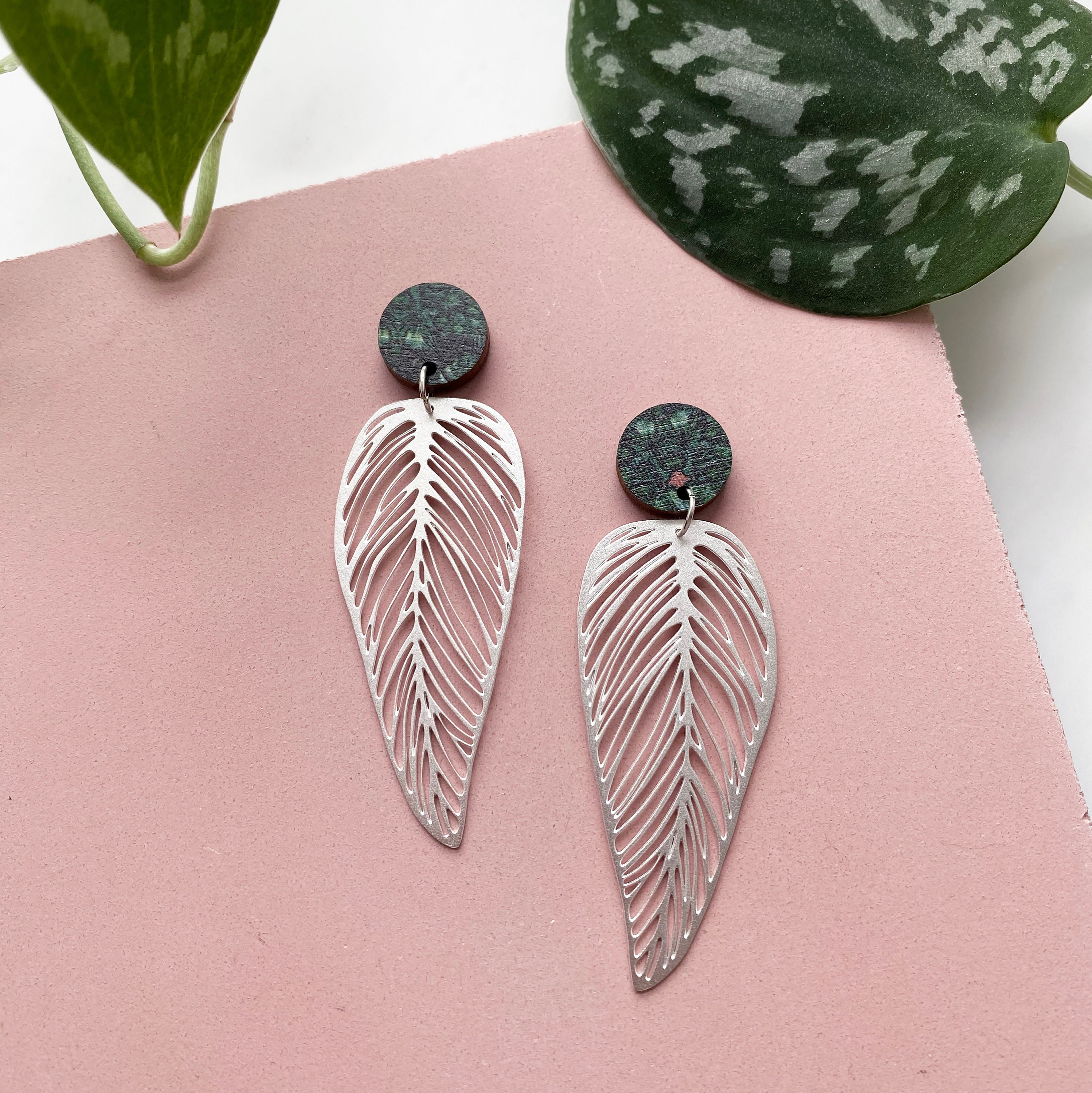 Statement Silver Leaf Drop Earrings - Plant Stud Botanical Studs Gift For Her Jewellery