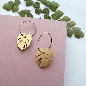 Mini Gold Monstera Hoop Earrings - Gift For Plant Lovers - Minimal Gold Earrings - Tropical Hoops - Leaf Earrings - Cheese Plant Earrings