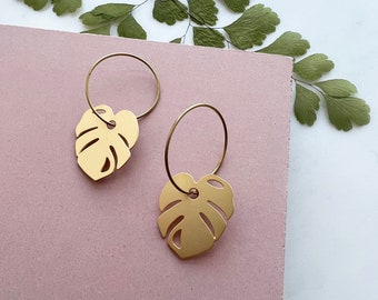 Mini Gold Monstera Leaf Hoop Earrings - Tropical Plant Jewelry