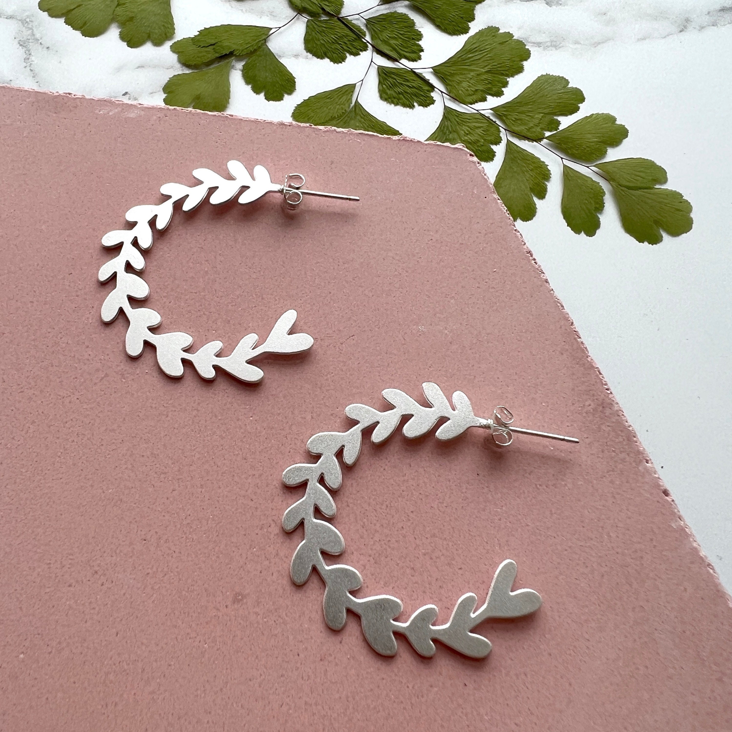 Silver Leaf Hoop Studs - Olive Branch Stud Earrings Minimal Earring Hoops