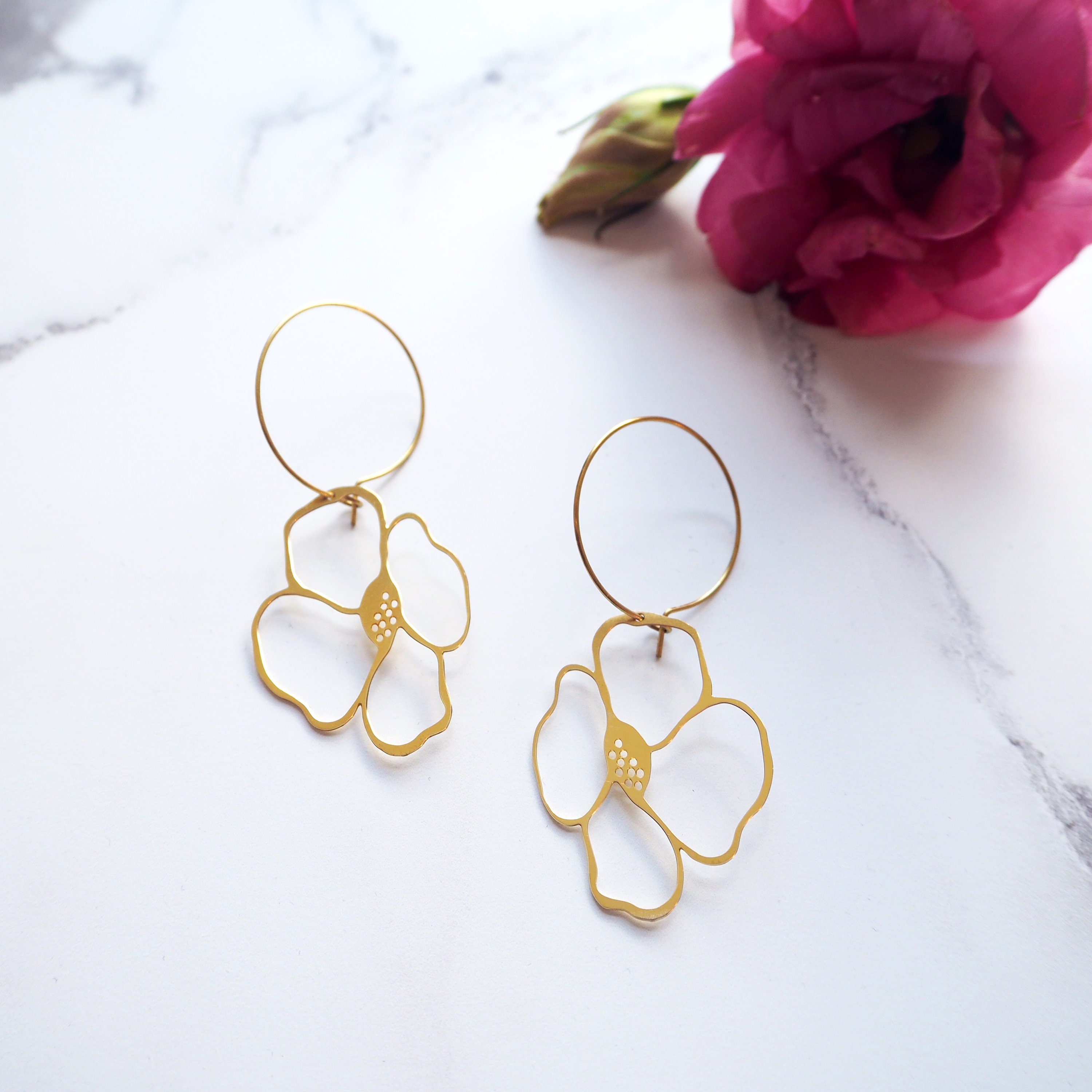 Gold Floral Hoop Earrings - Minimal Simple Laser Cut Hoops Anemone Flower