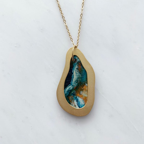Collier vague en marbre - Collier géométrique moderne - Pendentif tendance - Cadeau pour elle - Bleu sarcelle et orange