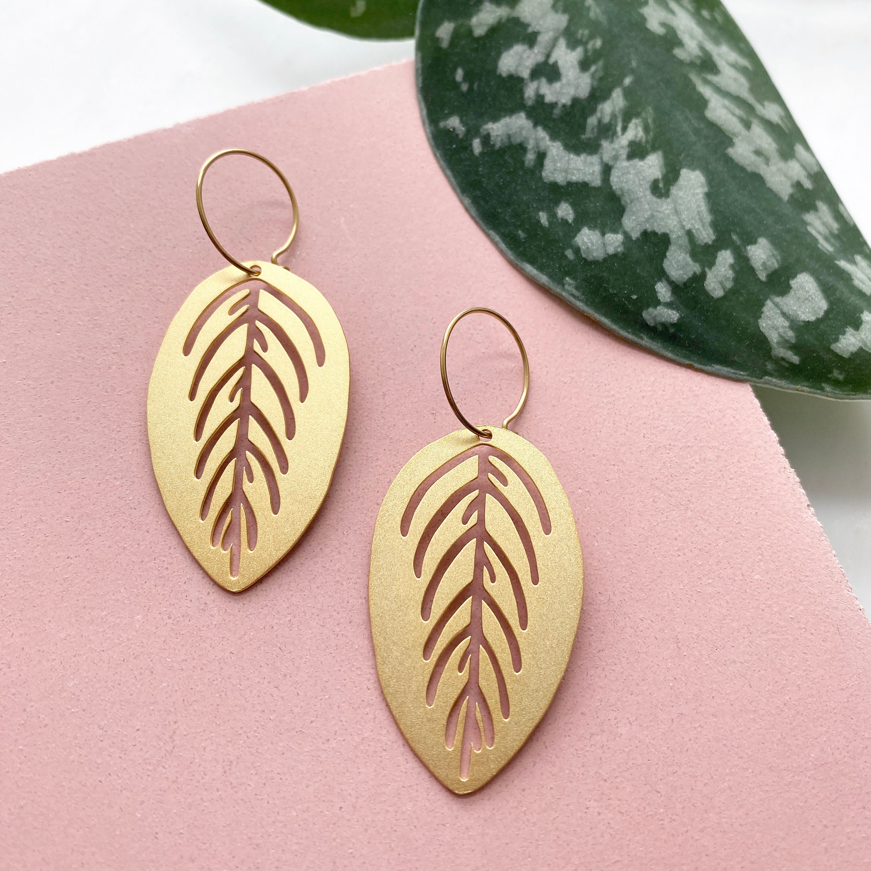 House Plant Hoop Earrings - Tropical Gold Leaf Delicate Dangle Statement