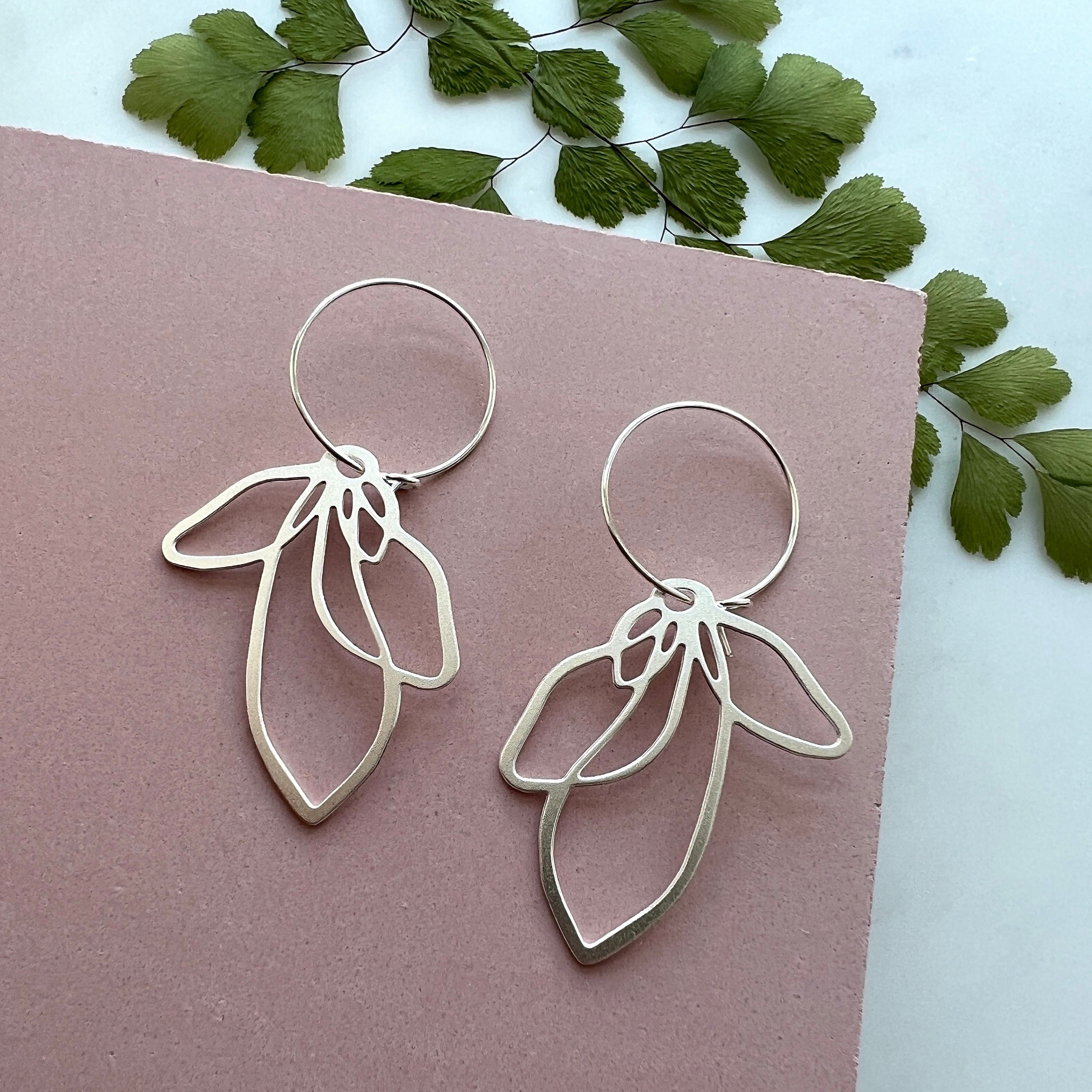 Silver Petal Hoop Earrings - Hoops Minimal Flower Plant