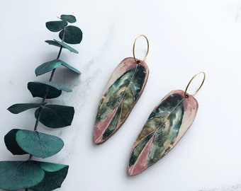 Pink Leaf Hoop Earrings - Plant Statement Hoop Earrings Calathea Stromanthe Triostar