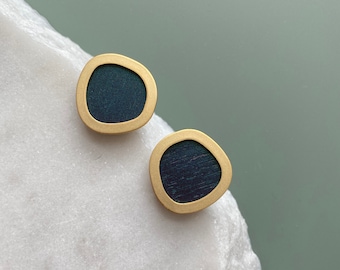 Circle Stud Earrings - Disc Studs - Petrol Blue Earrings - Gold Stud Earrings - Gold Circle Earrings - Minimal Studs - Gold Earrings
