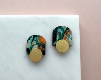 Geometric Arc Stud Earrings - Orange & Teal Marble Arch Stud Earrings