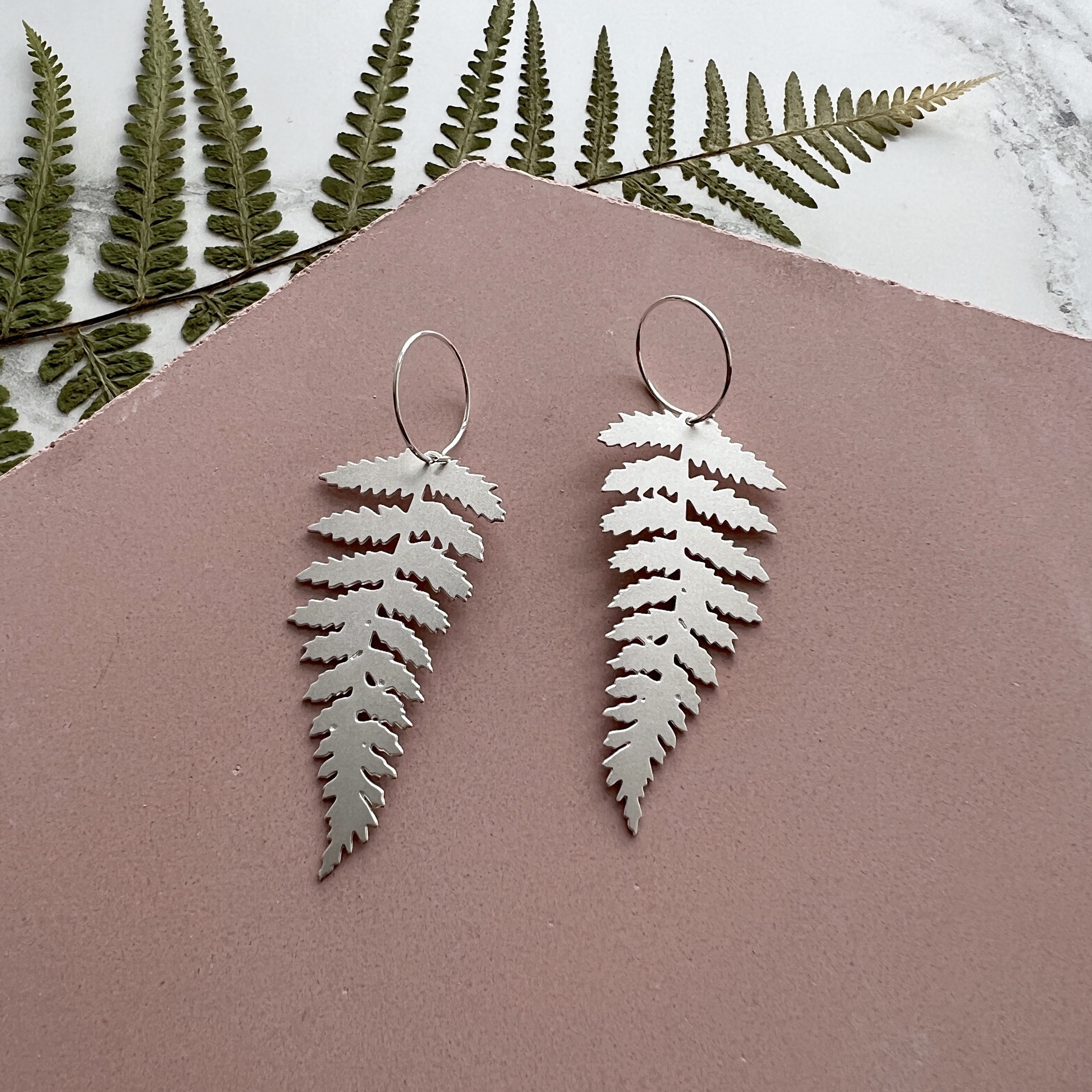 Silver Fern Hoop Earrings - Leaf Hoops Jewellery Statement Plant Gifts For Her