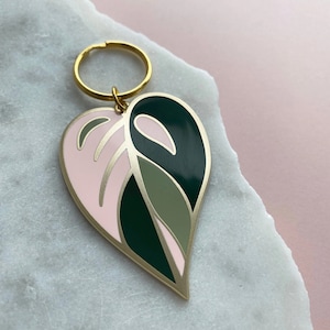 Pink Leaf Enamel Keyring - House Plant Keychain - Pink Princess Philodendron - Gift For Plant Lover - Plant Accessory - Leaf Bag Charm