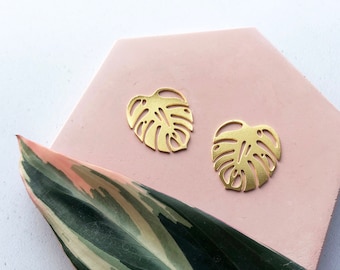 Gold Monstera Leaf Stud Earrings – Plant Lover Gift