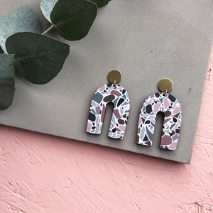 Terrazzo Statement Drop Earrings Statement Geo Earrings Arch Earrings Gold Geo Earrings Brass Earrings Terrazzo Jewellery image 6