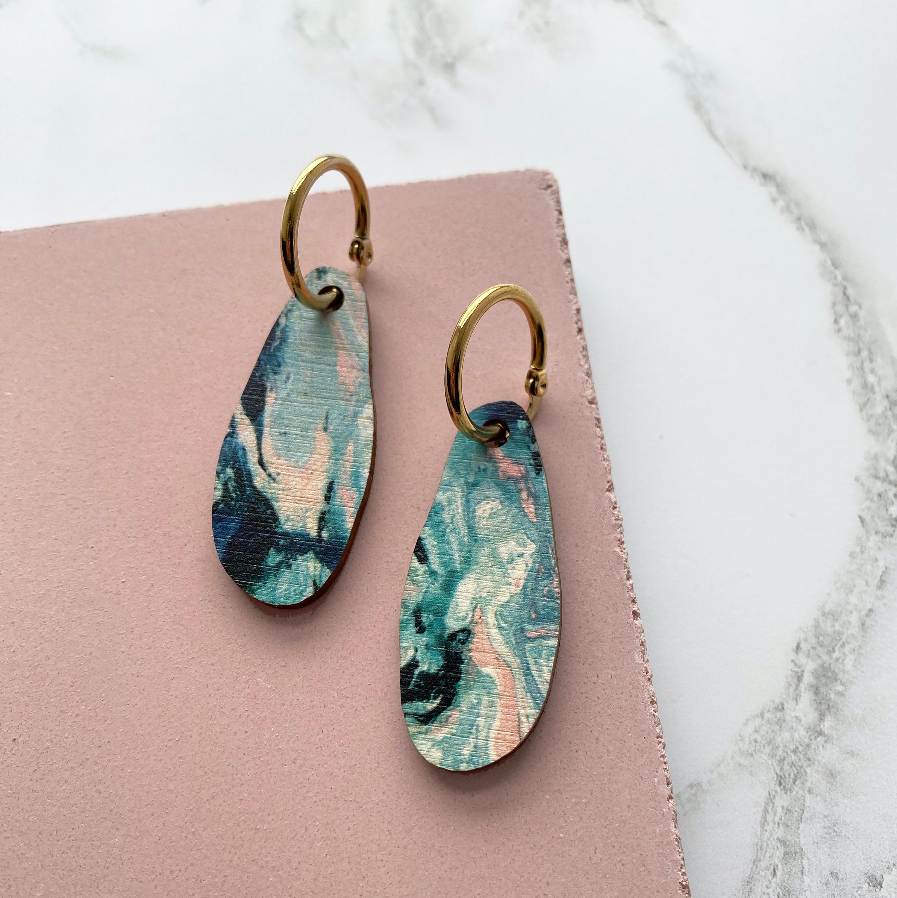 Pastel Marble Irregular Hoop Earrings - Abstract Geometric Hoops Squiggle Pink Mint Spring Summer