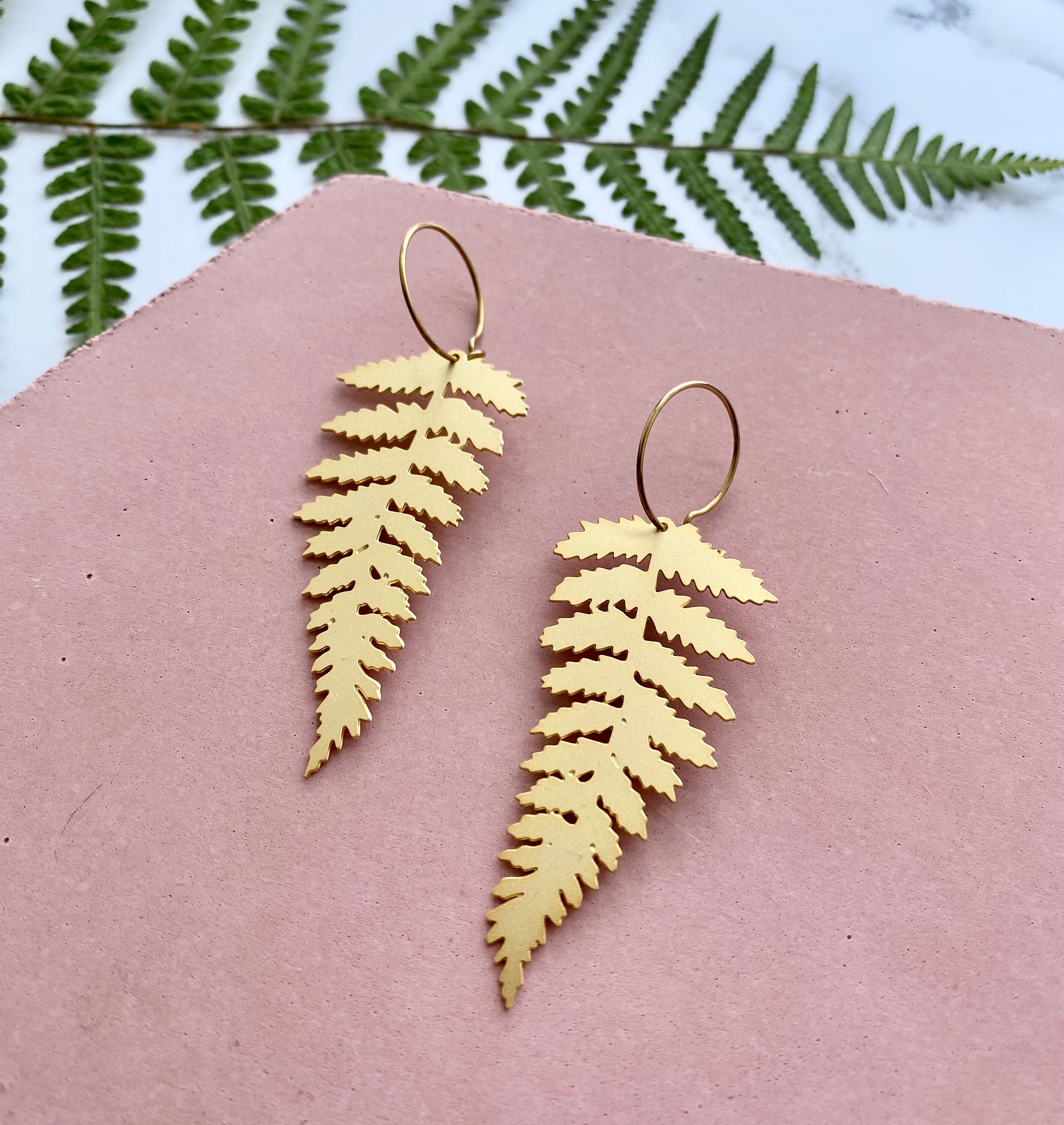 Fern Hoop Earrings - Gold Leaf Hoops Jewellery Statement Plant Gifts For Her