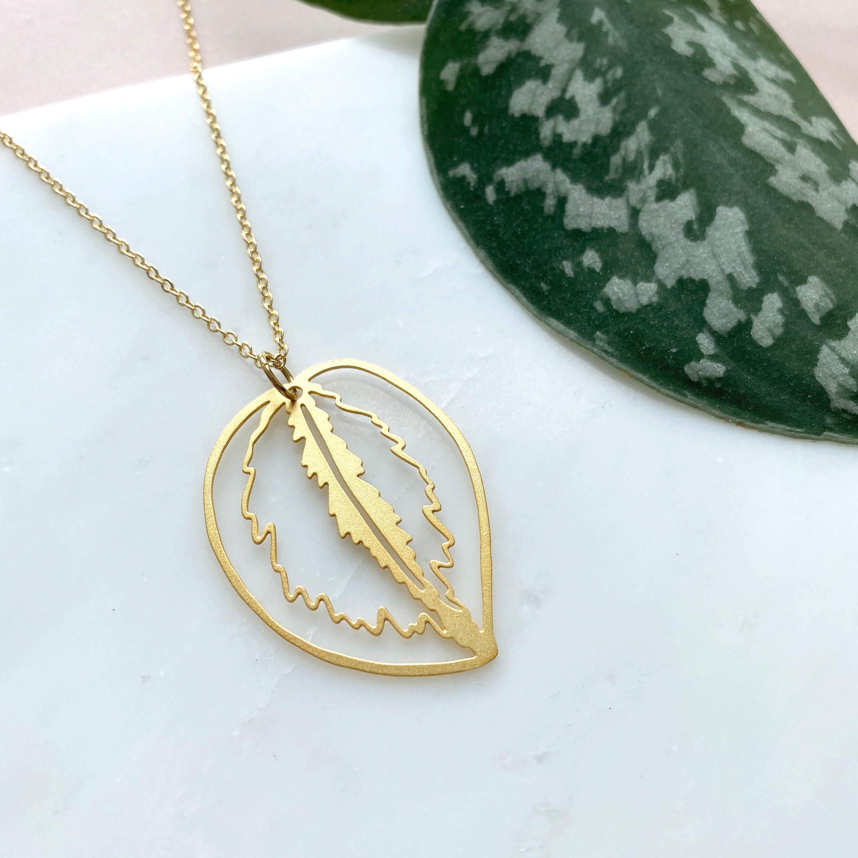 Gold Calathea Leaf Necklace - Simple Pendant Gift For Her House Plant Jewellery