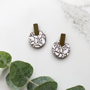 Terrazzo & Brass Circle Stud Earrings - Olive Colour Geometric Stud Earrings