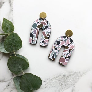 Terrazzo Statement Drop Earrings Statement Geo Earrings Arch Earrings Gold Geo Earrings Brass Earrings Terrazzo Jewellery image 2