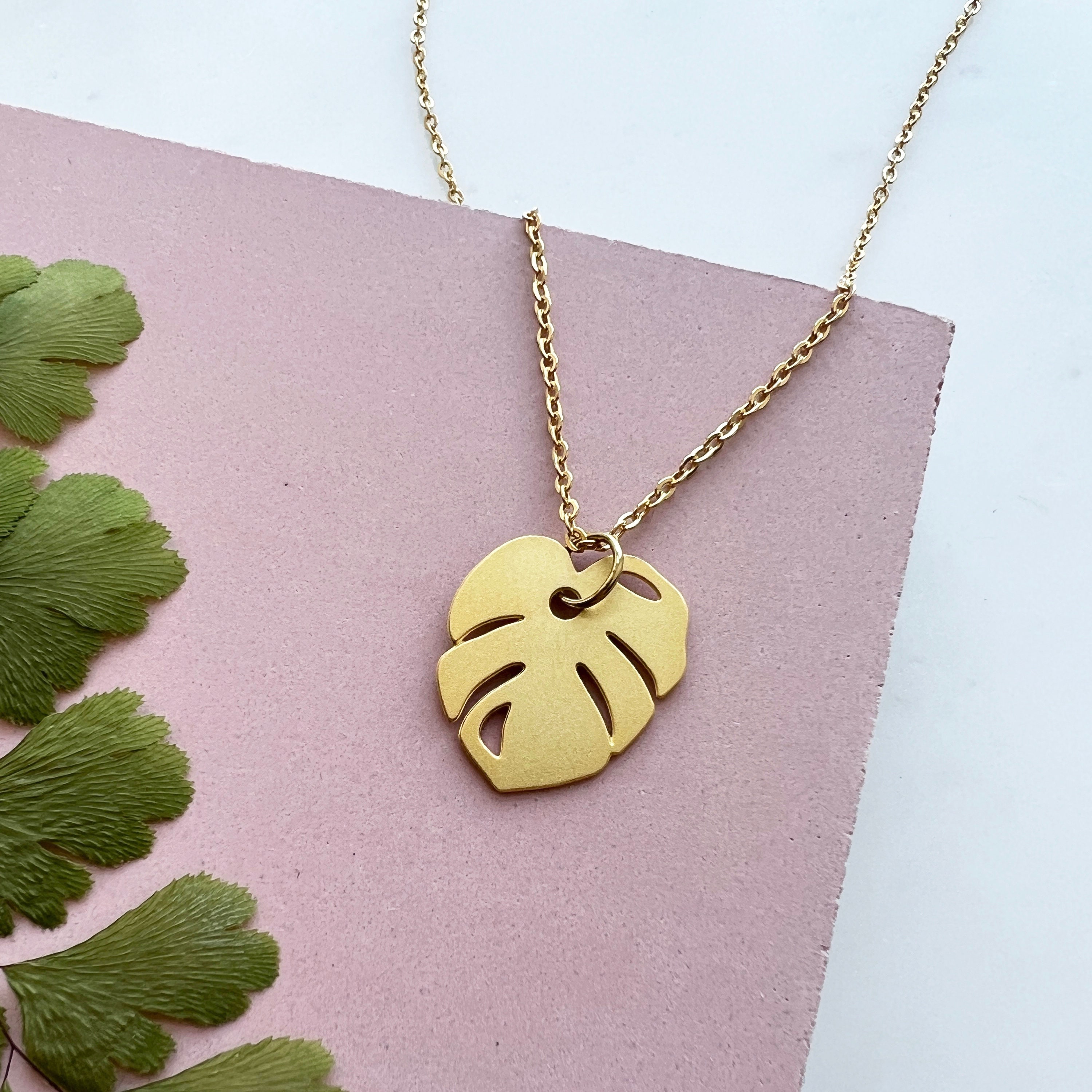 Mini Gold Monstera Necklace - Simple Leaf Pendant Gift- Tropical Cheese Plant -Gold