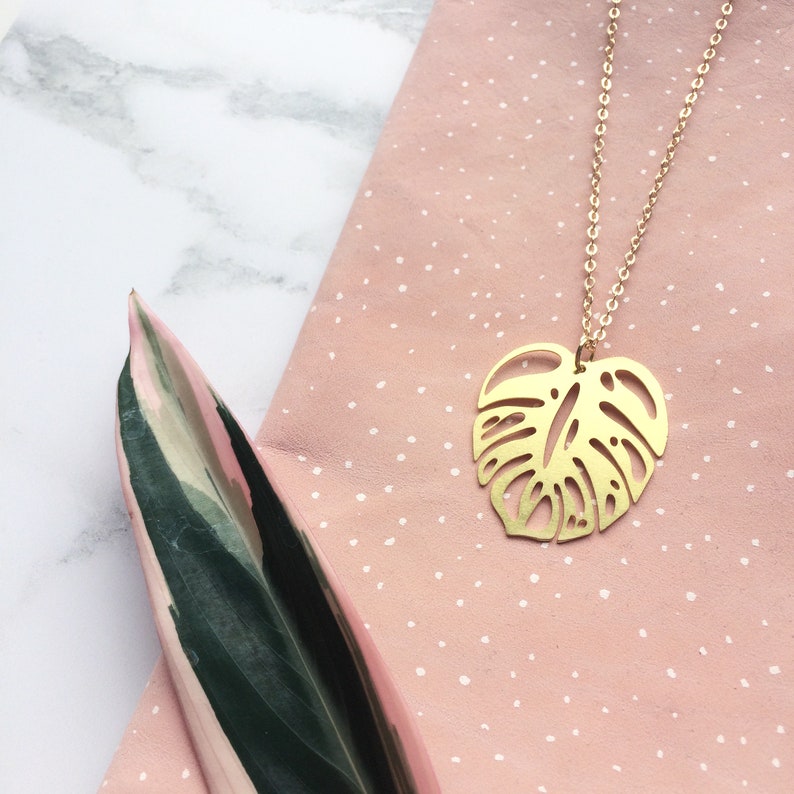 Gold Monstera Necklace Simple Leaf Pendant Monstera Gift Tropical Necklace Cheese Plant Necklace Gold Plant Necklace image 1