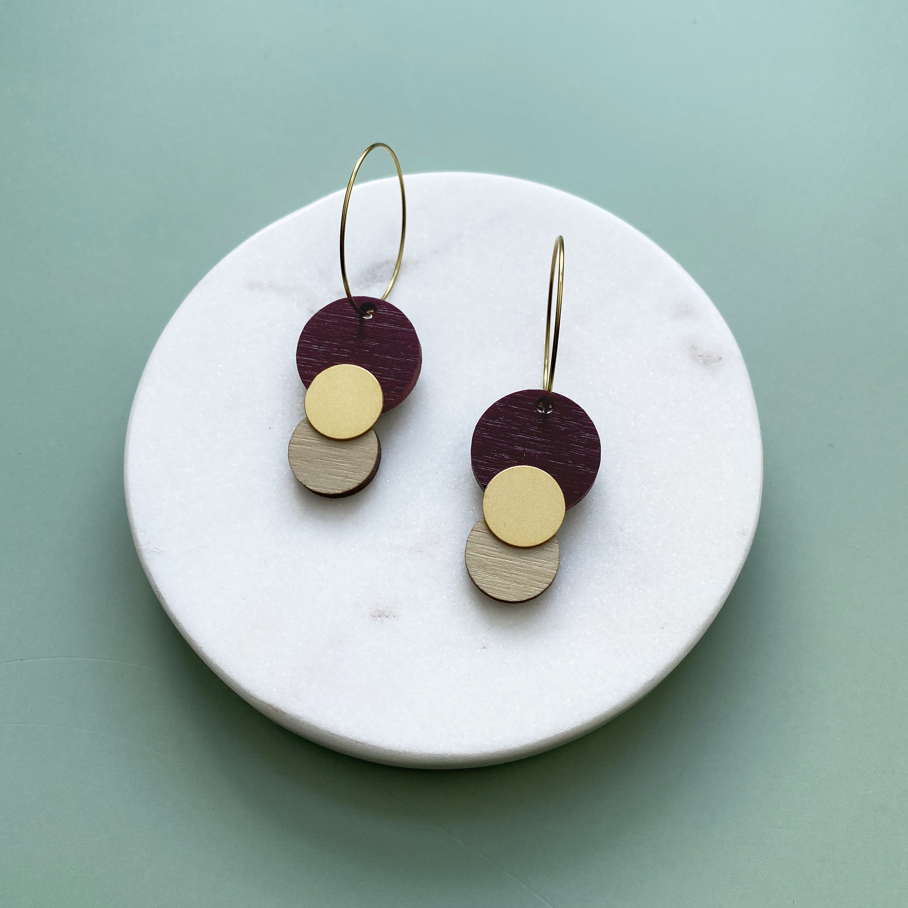 Purple & Cream Circle Hoop Earrings - Geometric -Hoops Gold Gift For Her Minimal