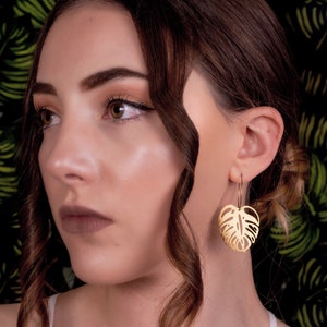 Gold Monstera Hoop Earrings - Gift For Plant Lovers - Gift For Her - Gold Plant Earrings - Leaf Hoop Earrings - Cheese Plant Earrings