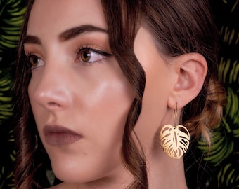 Gold Plated Monstera Leaf Hoop Earrings – Tropical Plant Lover Gift