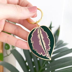 Calathea Leaf Keychain - Plant Keyring - Enamel Leaf Keyring - Plant Secret Santa Gift - Tropical Keychain - Plant Lover Gift
