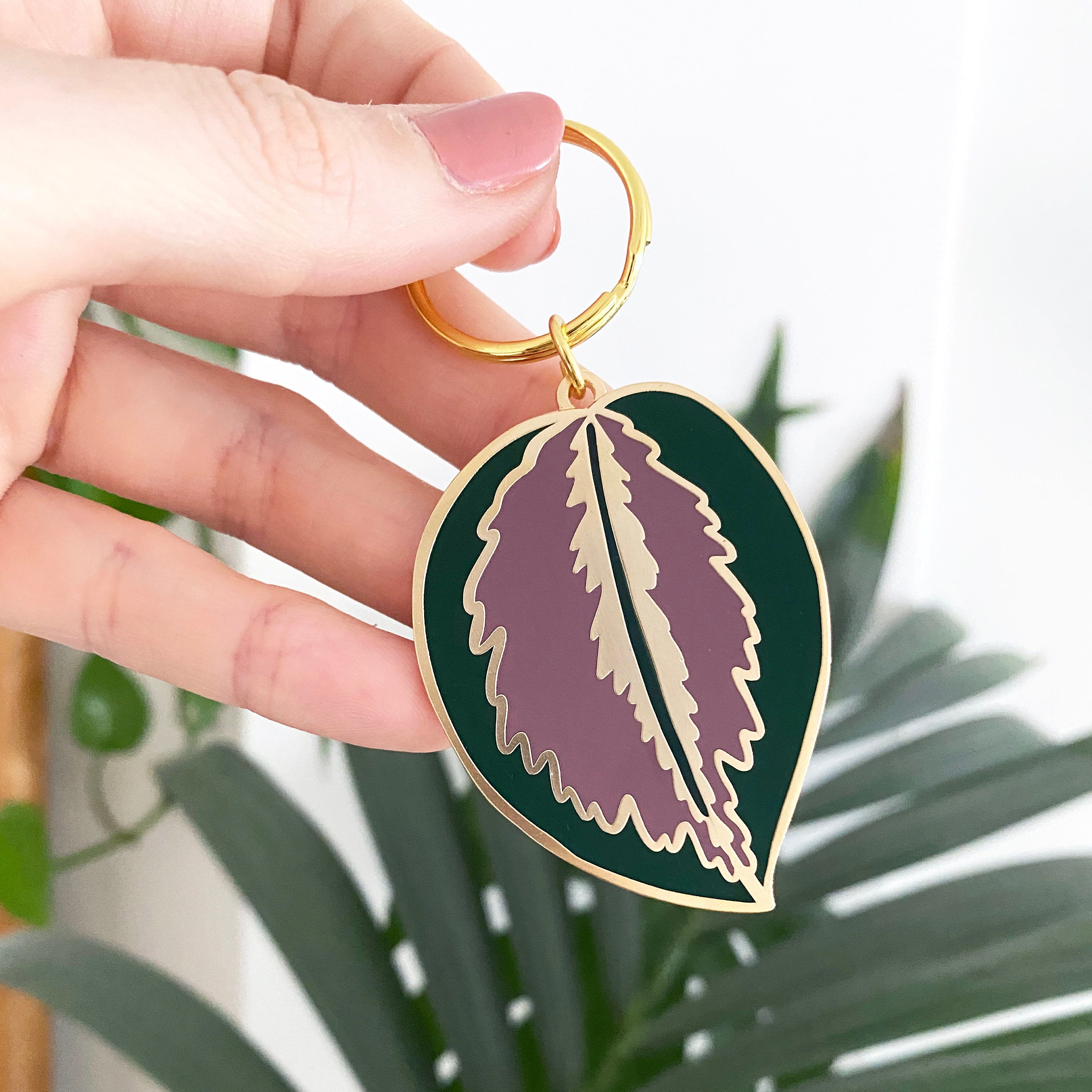 Calathea Leaf Keychain - Plant Keyring Enamel Tropical Gift Gold Accessory