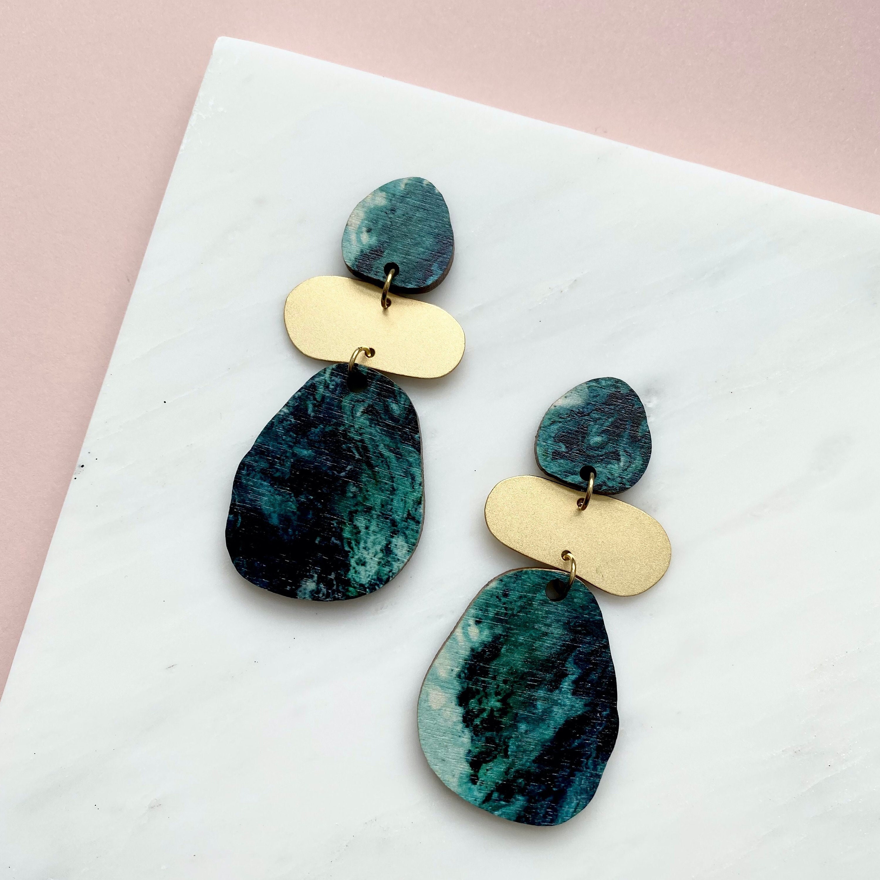 Statement Geometric Drop Earrings - Pebble Studs Gifts For Her Party Festive Teal & Gold
