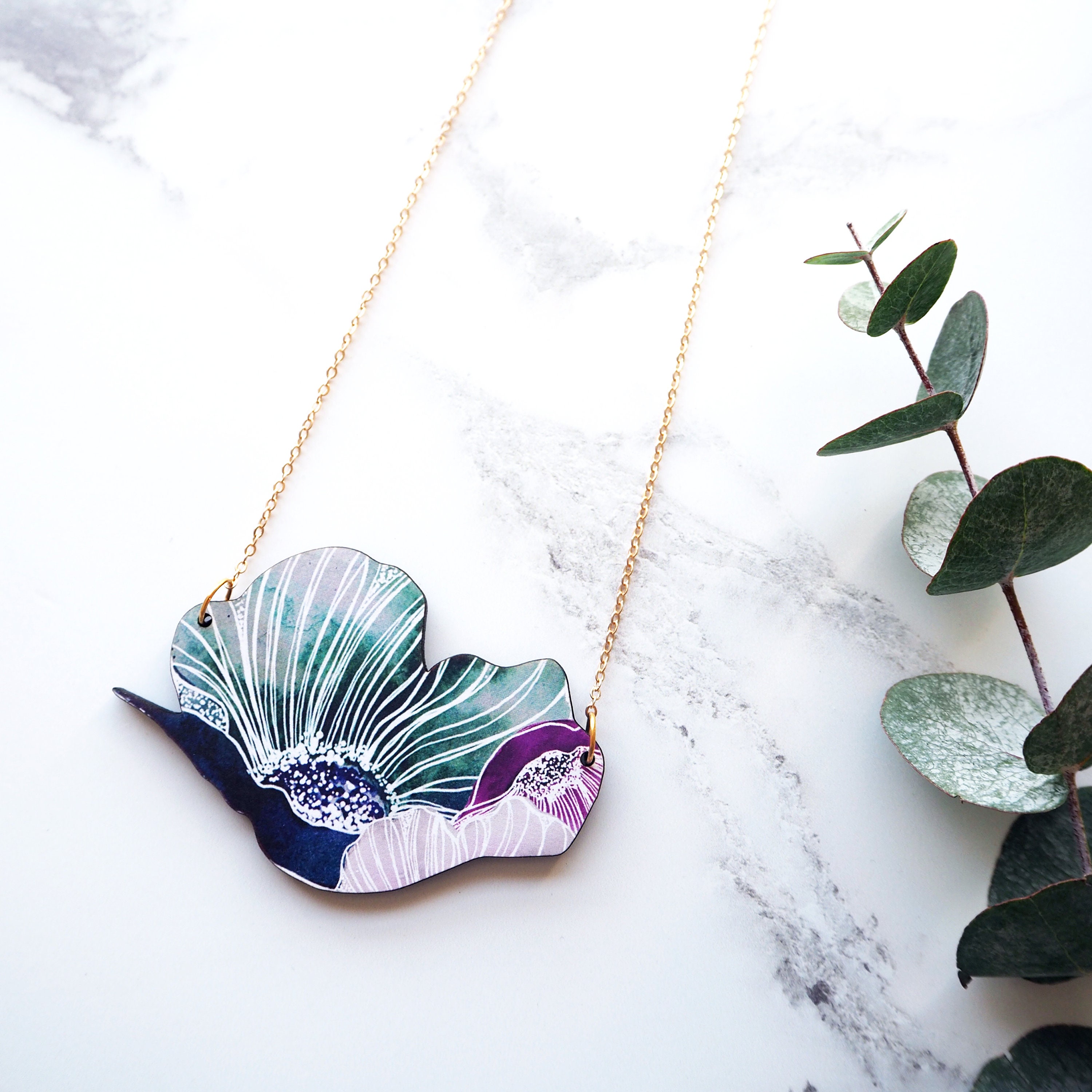 Blue Flower Necklace - Printed Floral Statement Jewellery Nature Plant