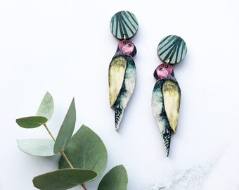 Statement Parrot Dangle Earrings – Tropical Bird Print Jewellery
