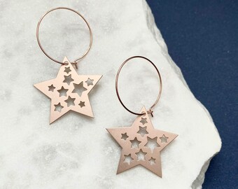 Star Hoop Earrings - Rose Gold Celestial Earrings - Star Earrings - Festive Party Earrings - Rose Gold Hoop Earrings - Star Earrings