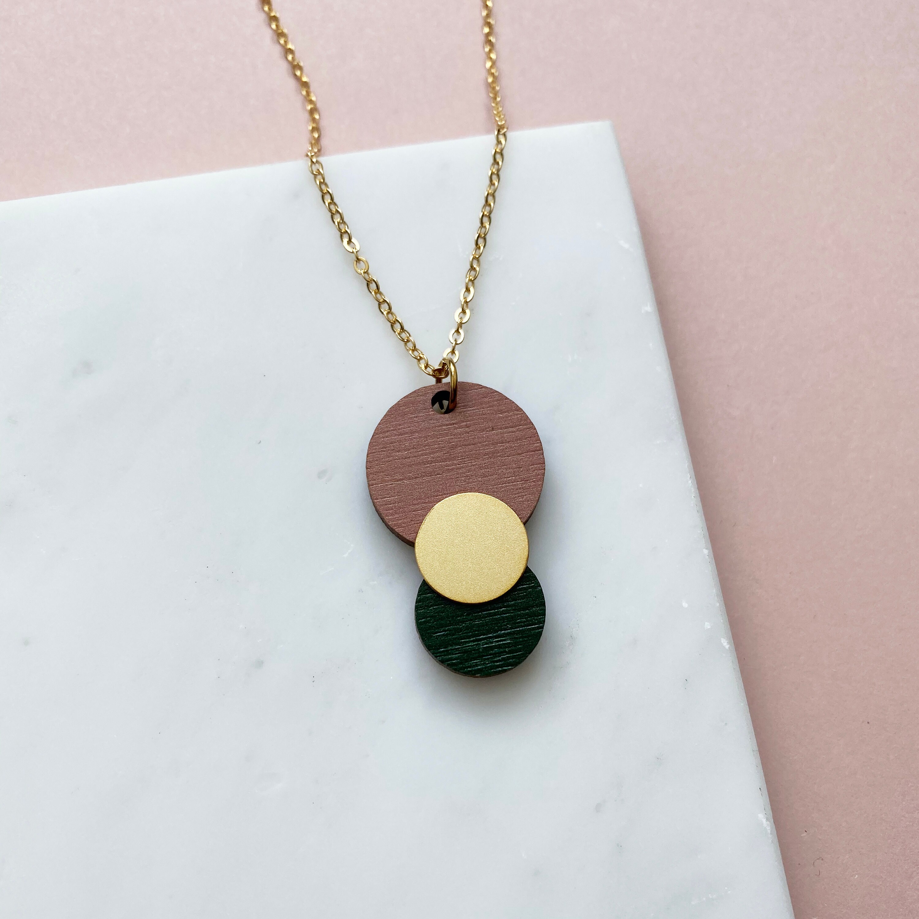 Pink & Green Circle Pendant - Gold Geometric Necklace Minimalist Gift For Her