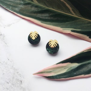 Gold Monstera Stud Earrings - Botanical Earrings - Modern Earrings - Green Leaf Stud Earrings - Leaf Earrings - Cheese Plant Earrings