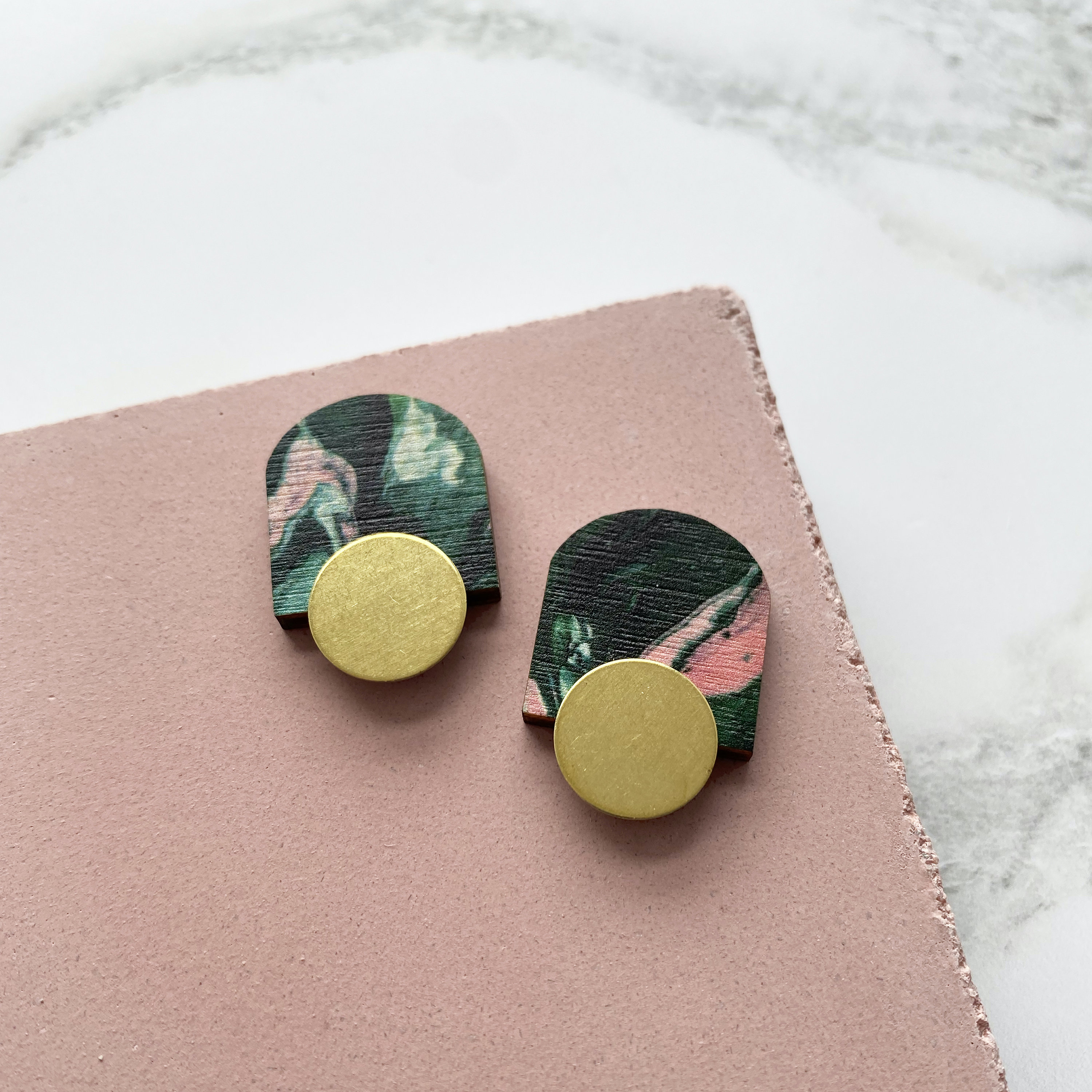 Mini Arc Stud Earrings - Green & Pink Marble Arch Geometric Studs Jewellery Gift For Her Minimal