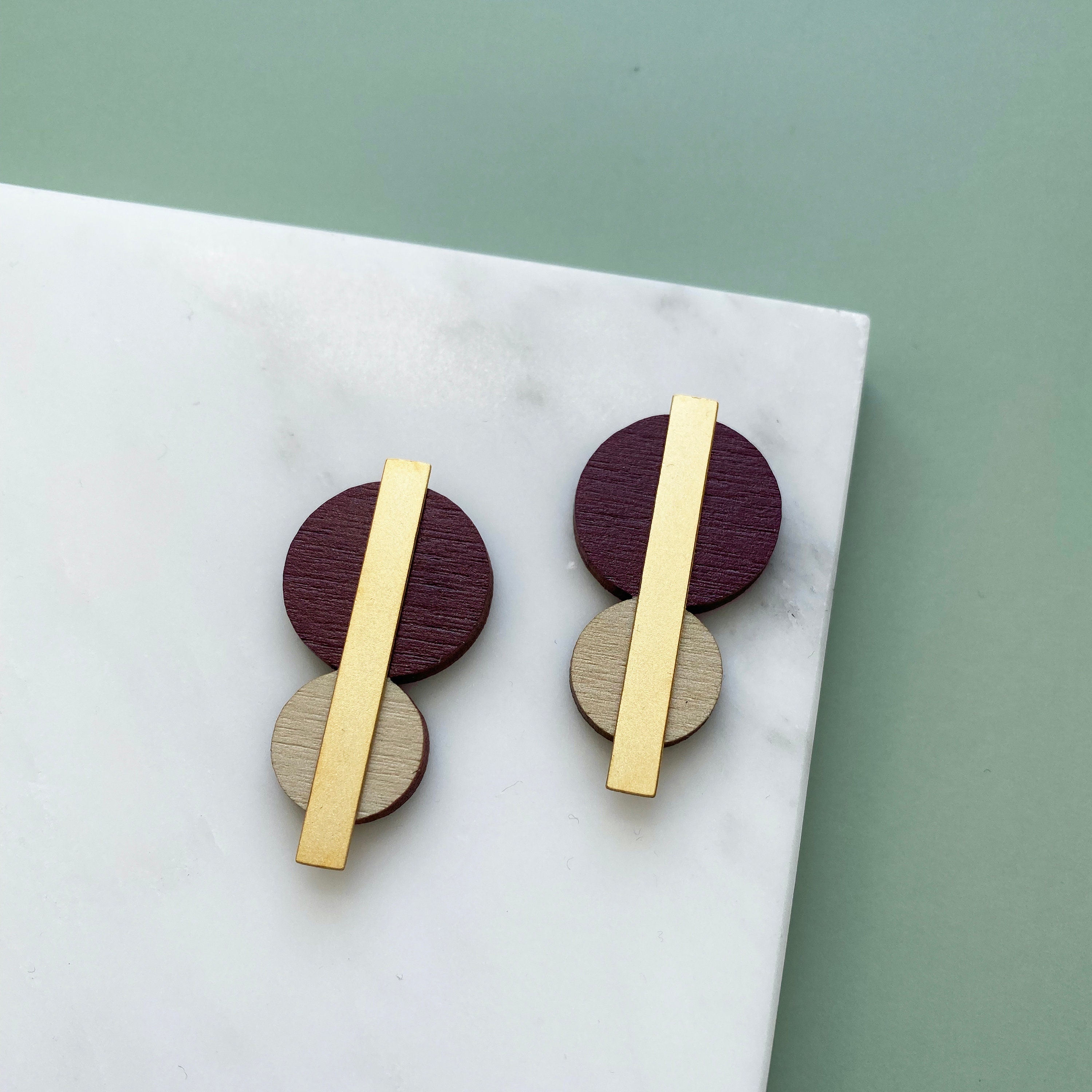 Purple, Cream & Gold Circle Studs - Statement Geometric Stud Earrings Minimal Jewellery Gift For Her