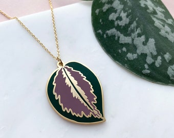 Calathea Leaf Necklace - Enamel Gold Leaf Pendant - Enamel Pendant - Plant Necklace - Plant Jewellery - Gift For Her