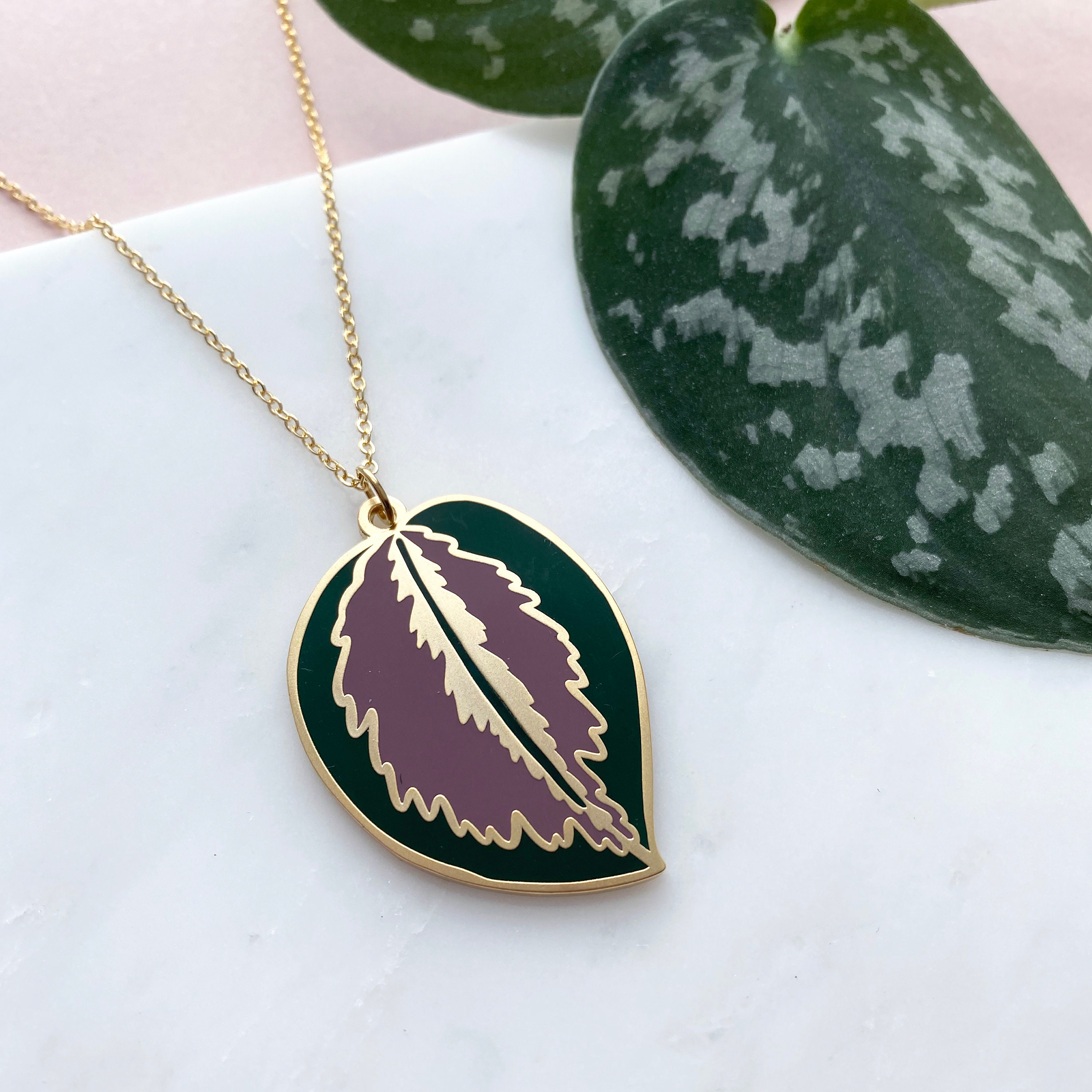 Calathea Leaf Necklace - Enamel Gold Pendant Plant Jewellery Gift For Her
