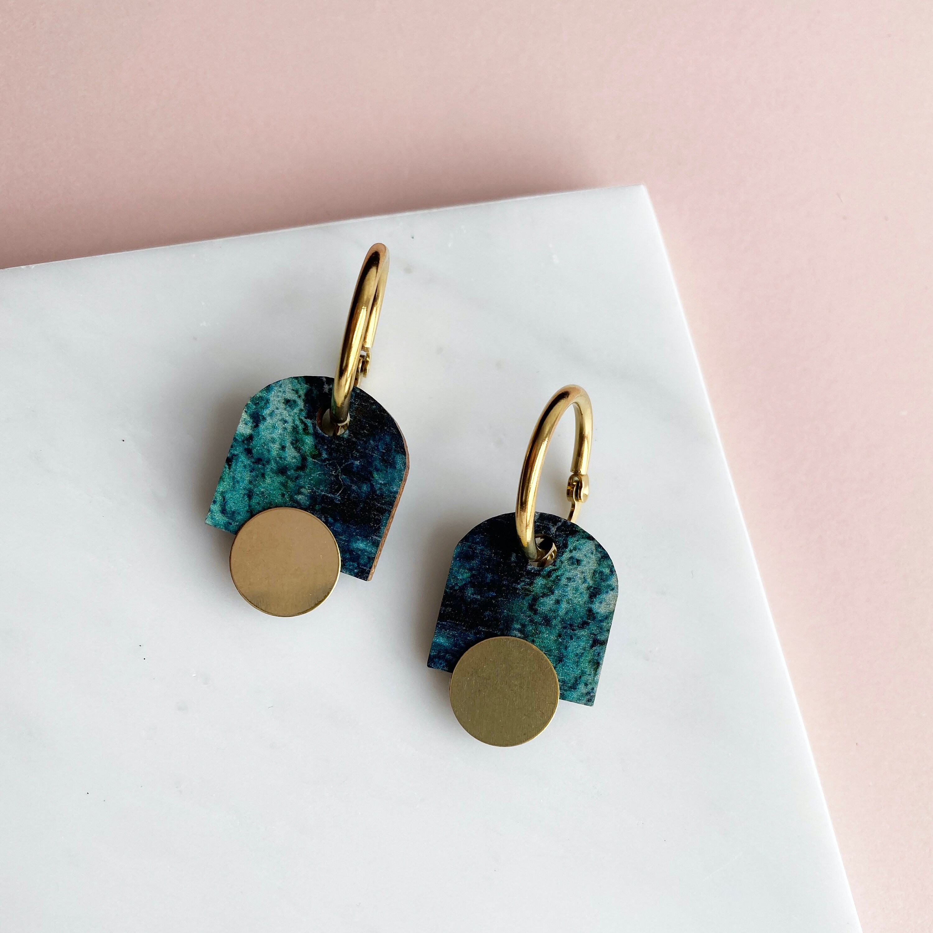 Blue & Gold Geometric Hoop Earrings - Arch Jewellery Gift For Her Minimal