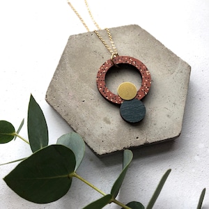 Burnt Orange Statement Circle Necklace - Geometric Pendant - Circle Pendant - Brass Necklace