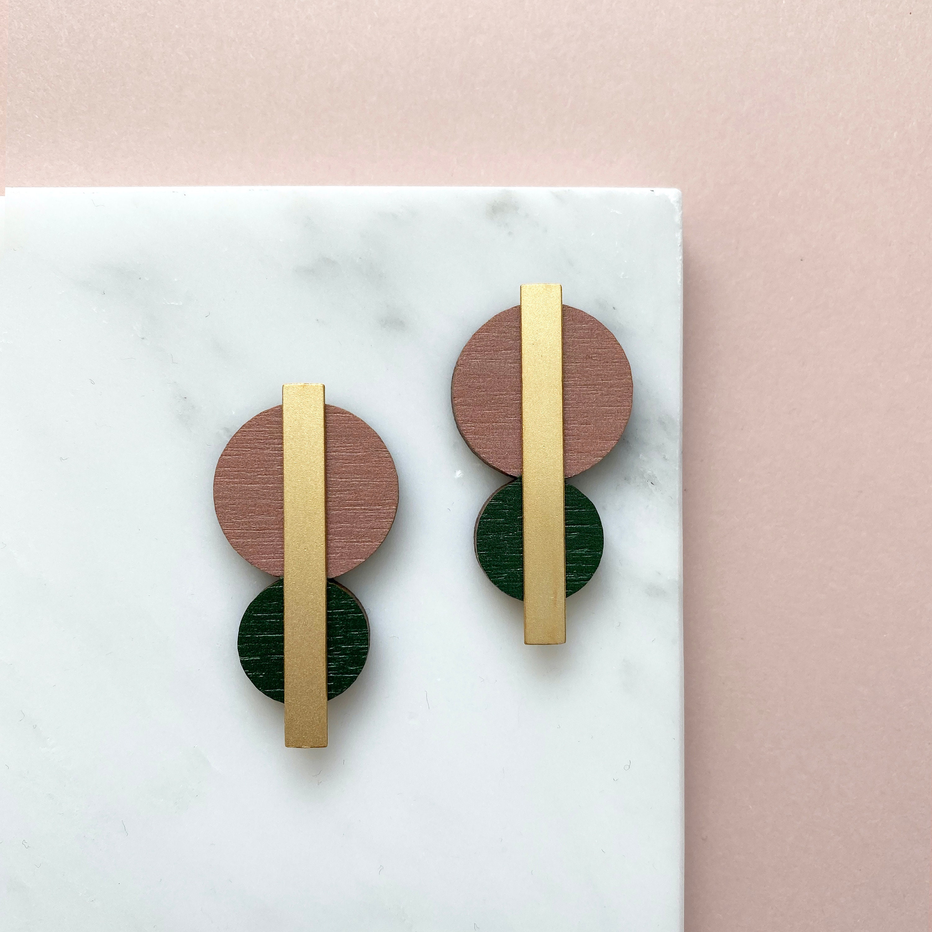 Pink, Green & Gold Geometric Circle Stud Earrings - Minimal Jewellery Gift For Her