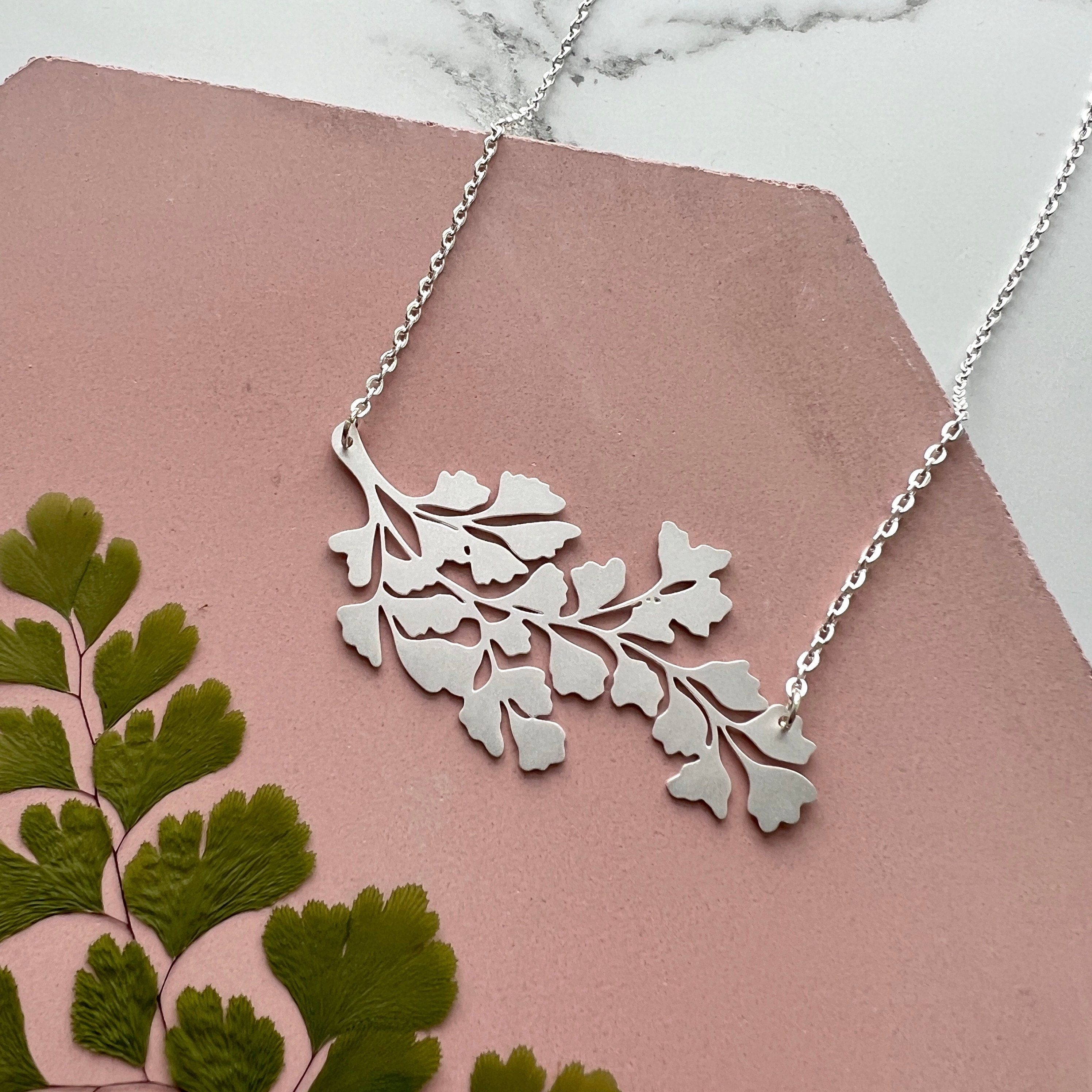 Silver Maidenhair Fern Necklace - Leaf Pendant Jewellery Plant Gift For Her Statement