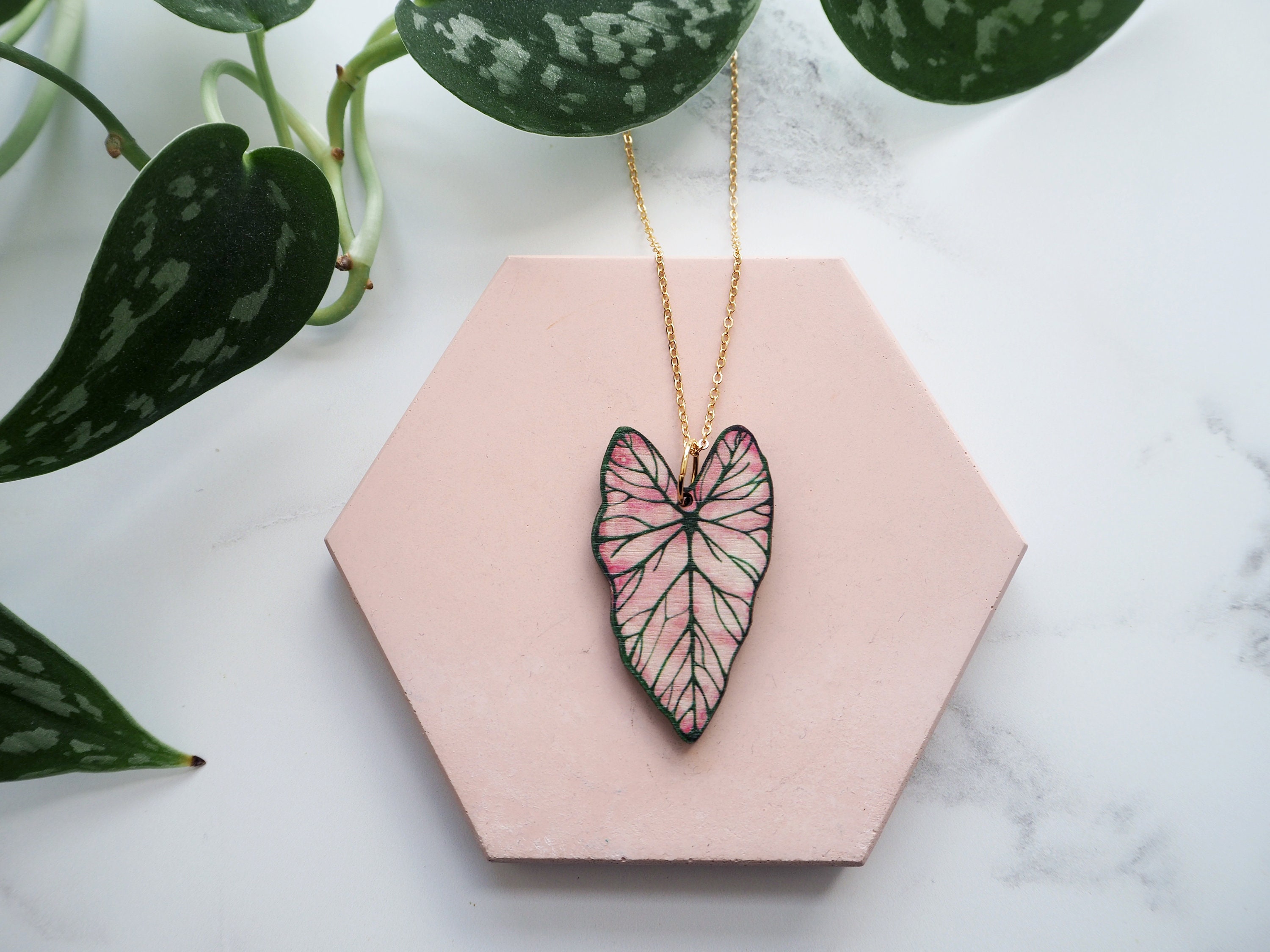 Tropical Necklace - Plant Pink Leaf Pendant Jewellery Botanical Gift For Her Caladium