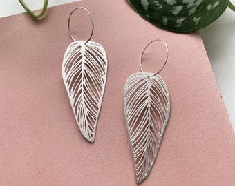 Silver Leaf Hoop Earrings - Plant Hoop Earrings - Botanical Silver Earrings - Gift For Her - Silver Leaf Jewellery