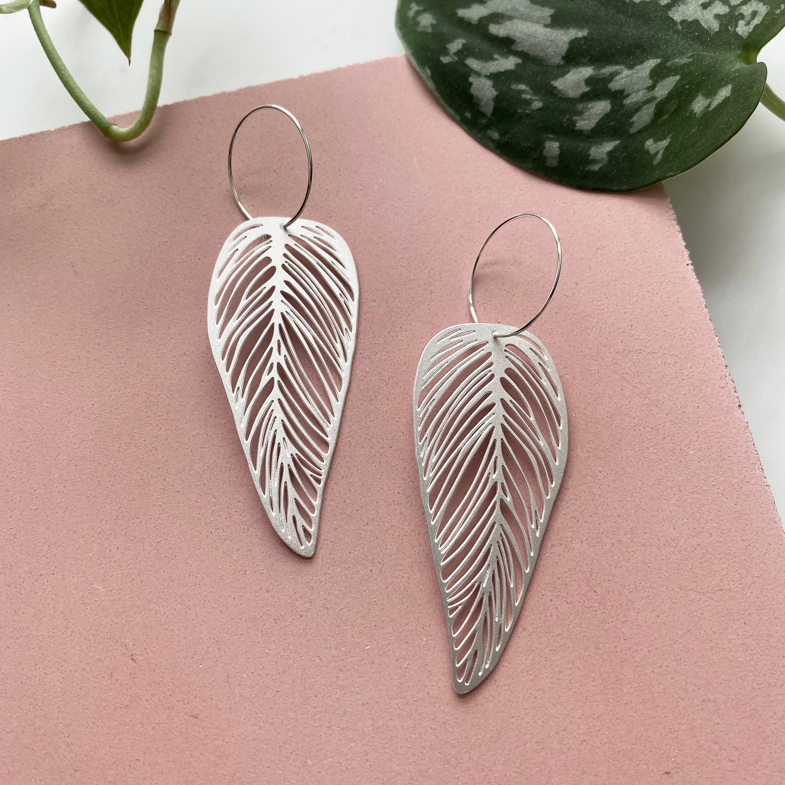 Silver Leaf Hoop Earrings - Plant Botanical Gift For Her Jewellery